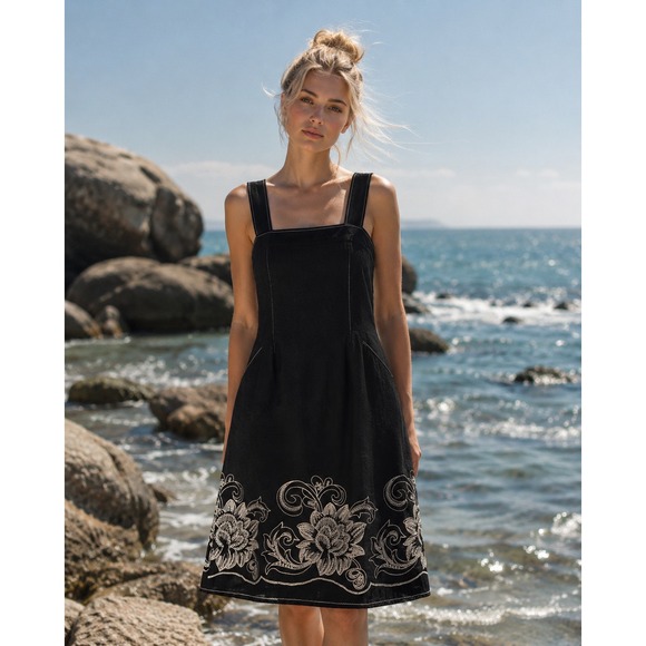 Max Studio Dresses & Skirts - Max Studio Black Linen Blend Floral Embroidered Pinafore Dress Large